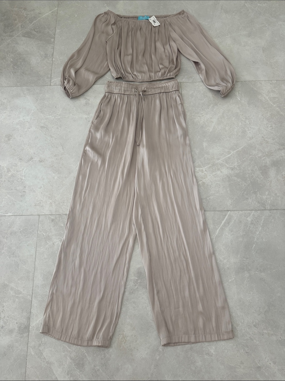 Light Taupe Wide-Leg Satin Pants with Drawstring Waist
